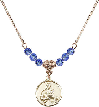 18" Hamilton Gold Plated Necklace with 4mm Sapphire Crystal Beads featuring a 14kt Gold Filled Saint Gerard Medal. Engraved Catholic Saint Jewelry