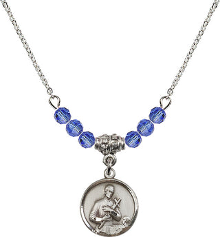 18" Rhodium Plated Necklace with 4mm Sapphire Crystal Beads featuring a Sterling Silver Saint Gerard Medal. Engraved Catholic Saint Jewelry