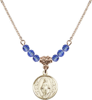 18" Hamilton Gold Plated Necklace with 4mm Sapphire Crystal Beads featuring a 14kt Gold Filled Miraculous Medal.
