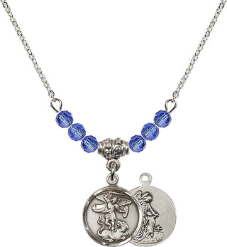 18" Rhodium Plated Necklace with 4mm Sapphire Crystal Beads featuring a Sterling Silver Saint Michael the Archangel Medal.