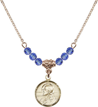18" Hamilton Gold Plated Necklace with 4mm Sapphire Crystal Beads featuring a 14kt Gold Filled Scapular Medal.