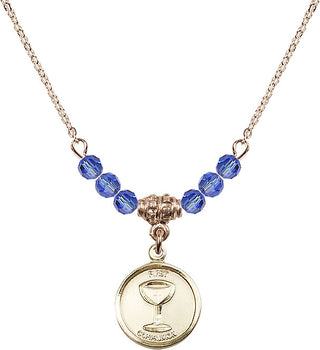 18" Hamilton Gold Plated Necklace with 4mm Sapphire Crystal Beads featuring a 14kt Gold Filled Communion Medal. Engraved Catholic Saint Jewelry