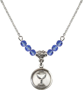 18" Rhodium Plated Necklace with 4mm Sapphire Crystal Beads featuring a Sterling Silver Communion Medal. Engraved Catholic Saint Jewelry