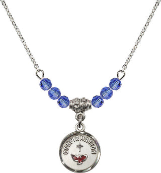 18" Rhodium Plated Necklace with 4mm Sapphire Crystal Beads featuring a Sterling Silver Confirmation Medal. Engraved Catholic Saint Jewelry