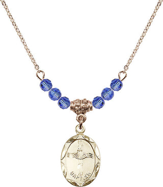 18" Hamilton Gold Plated Necklace with 4mm Sapphire Crystal Beads featuring a 14kt Gold Filled Baptism Medal. Engraved Catholic Saint Jewelry