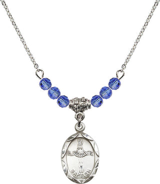 18" Rhodium Plated Necklace with 4mm Sapphire Crystal Beads featuring a Sterling Silver Baptism Medal. Engraved Catholic Saint Jewelry