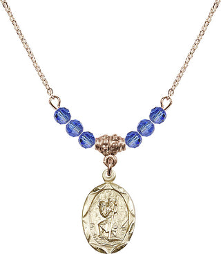 18" Hamilton Gold Plated Necklace with 4mm Sapphire Crystal Beads featuring a 14kt Gold Filled Saint Christopher Medal. Engraved Catholic Saint Jewelry