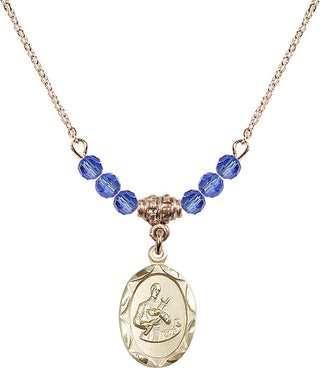 18" Hamilton Gold Plated Necklace with 4mm Sapphire Crystal Beads featuring a 14kt Gold Filled Saint Gerard Medal. Engraved Catholic Saint Jewelry