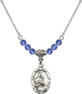 18" Rhodium Plated Necklace with 4mm Sapphire Crystal Beads featuring a Sterling Silver Saint Gerard Medal. Engraved Catholic Saint Jewelry