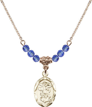 18" Hamilton Gold Plated Necklace with 4mm Sapphire Crystal Beads featuring a 14kt Gold Filled Saint Michael the Archangel Medal.