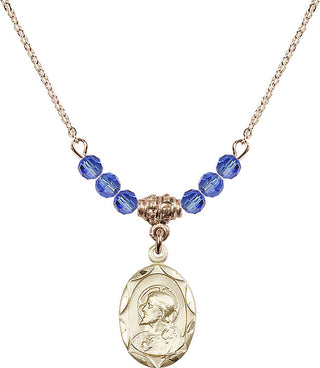 18" Hamilton Gold Plated Necklace with 4mm Sapphire Crystal Beads featuring a 14kt Gold Filled Scapular Medal.