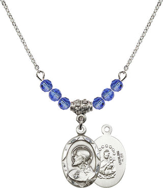 18" Rhodium Plated Necklace with 4mm Sapphire Crystal Beads featuring a Sterling Silver Scapular Medal.