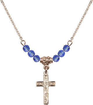 18" Hamilton Gold Plated Necklace with 4mm Sapphire Crystal Beads featuring a 14kt Gold Filled Cross Medal.