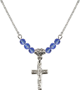18" Rhodium Plated Necklace with 4mm Sapphire Crystal Beads featuring a Sterling Silver Cross Medal.