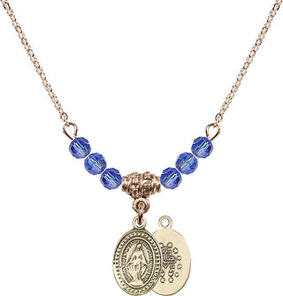 18" Hamilton Gold Plated Necklace with 4mm Sapphire Crystal Beads featuring a 14kt Gold Filled Miraculous Medal.