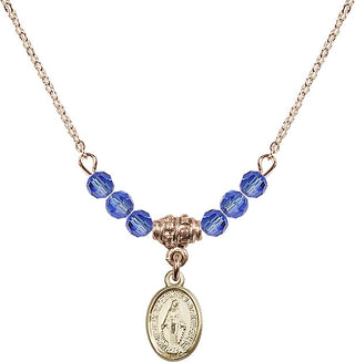 18" Hamilton Gold Plated Necklace with 4mm Sapphire Crystal Beads featuring a 14kt Gold Filled Miraculous Medal.