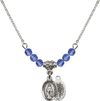 18" Rhodium Plated Necklace with 4mm Sapphire Crystal Beads featuring a Sterling Silver Miraculous Medal.