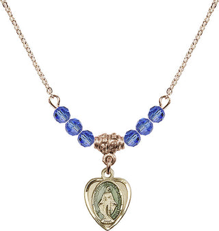 18" Hamilton Gold Plated Necklace with 4mm Sapphire Crystal Beads featuring a 14kt Gold Filled Miraculous Medal.