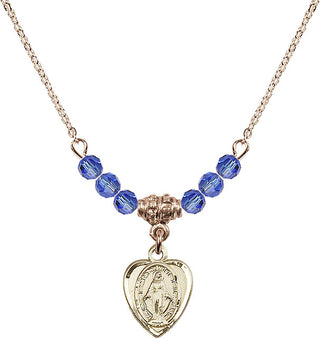 18" Hamilton Gold Plated Necklace with 4mm Sapphire Crystal Beads featuring a 14kt Gold Filled Miraculous Medal.
