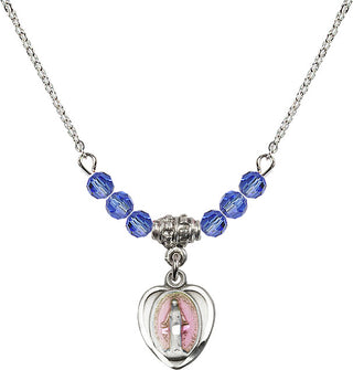 18" Rhodium Plated Necklace with 4mm Sapphire Crystal Beads featuring a Sterling Silver Miraculous Medal.