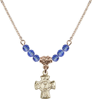 18" Hamilton Gold Plated Necklace with 4mm Sapphire Crystal Beads featuring a 14kt Gold Filled 5-Way / Chalice Medal.