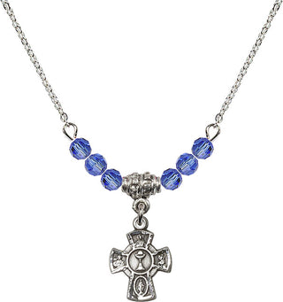 18" Rhodium Plated Necklace with 4mm Sapphire Crystal Beads featuring a Sterling Silver 5-Way / Chalice Medal.