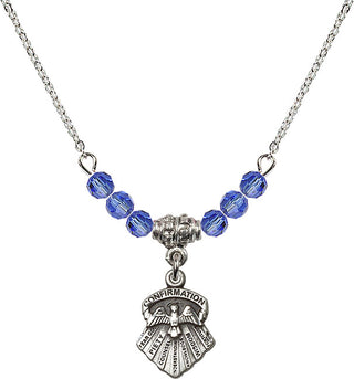 18" Rhodium Plated Necklace with 4mm Sapphire Crystal Beads featuring a Sterling Silver Seven Gifts Medal.