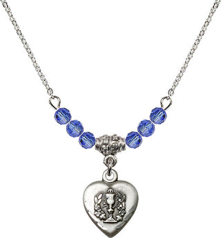 18" Rhodium Plated Necklace with 4mm Sapphire Crystal Beads featuring a Sterling Silver Heart / Communion Medal.