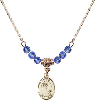 18" Hamilton Gold Plated Necklace with 4mm Sapphire Crystal Beads featuring a 14kt Gold Filled First Penance Medal.