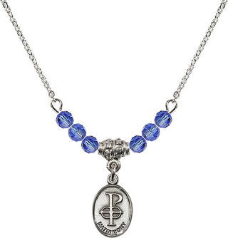 18" Rhodium Plated Necklace with 4mm Sapphire Crystal Beads featuring a Sterling Silver Matrimony Medal.
