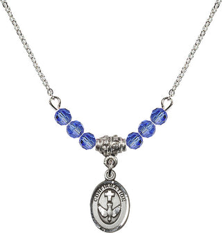 18" Rhodium Plated Necklace with 4mm Sapphire Crystal Beads featuring a Sterling Silver Confirmation Medal.