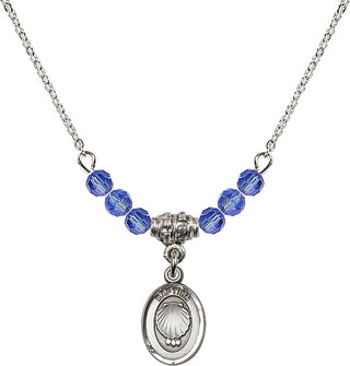 18" Rhodium Plated Necklace with 4mm Sapphire Crystal Beads featuring a Sterling Silver Baptism Medal.