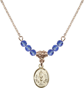 18" Hamilton Gold Plated Necklace with 4mm Sapphire Crystal Beads featuring a 14kt Gold Filled Chalice Medal.