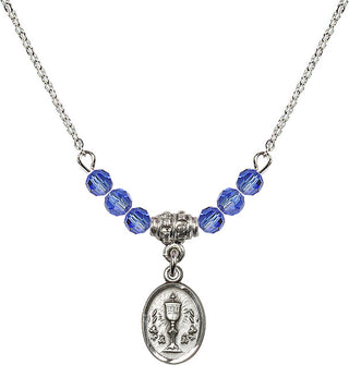 18" Rhodium Plated Necklace with 4mm Sapphire Crystal Beads featuring a Sterling Silver Chalice Medal.