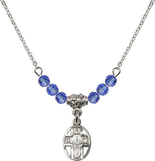 18" Rhodium Plated Necklace with 4mm Sapphire Crystal Beads featuring a Sterling Silver 5-Way / Chalice Medal.