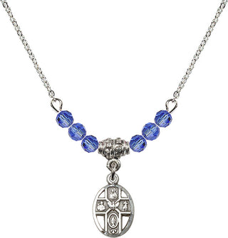 18" Rhodium Plated Necklace with 4mm Sapphire Crystal Beads featuring a Sterling Silver 5-Way Medal.