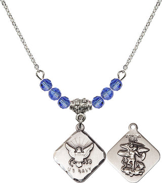 18" Rhodium Plated Necklace with 4mm Sapphire Crystal Beads featuring a Sterling Silver Navy Diamond Medal.