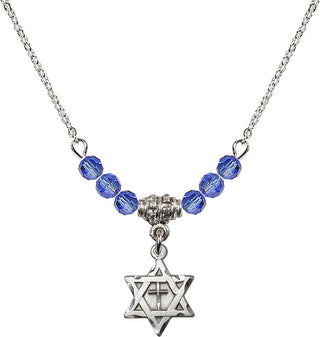 18" Rhodium Plated Necklace with 4mm Sapphire Crystal Beads featuring a Sterling Silver Star of David with Cross Medal.