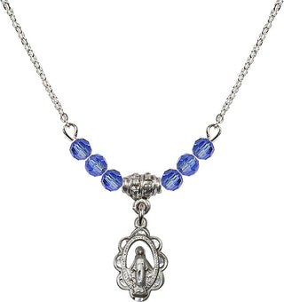 18" Rhodium Plated Necklace with 4mm Sapphire Crystal Beads featuring a Sterling Silver Miraculous Medal.