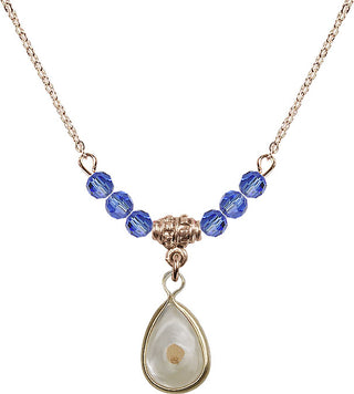 18" Hamilton Gold Plated Necklace with 4mm Sapphire Crystal Beads featuring a 14kt Gold Filled Mustard Seed Medal.