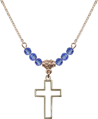 18" Hamilton Gold Plated Necklace with 4mm Sapphire Crystal Beads featuring a 14kt Gold Filled Cross Medal.
