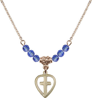 18" Hamilton Gold Plated Necklace with 4mm Sapphire Crystal Beads featuring a 14kt Gold Filled Heart / Cross Medal.