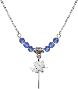 18" Rhodium Plated Necklace with 4mm Sapphire Crystal Beads featuring a Sterling Silver Cross / Holy Spirit Medal.