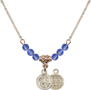 18" Hamilton Gold Plated Necklace with 4mm Sapphire Crystal Beads featuring a 14kt Gold Filled Saint Benedict Medal.