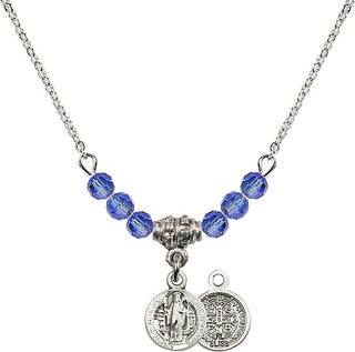 18" Rhodium Plated Necklace with 4mm Sapphire Crystal Beads featuring a Sterling Silver Saint Benedict Medal.