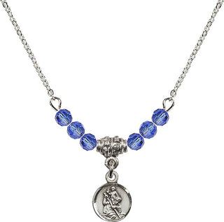 18" Rhodium Plated Necklace with 4mm Sapphire Crystal Beads featuring a Sterling Silver Saint Christopher Medal.
