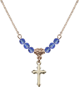 18" Hamilton Gold Plated Necklace with 4mm Sapphire Crystal Beads featuring a 14kt Gold Filled Cross Medal.