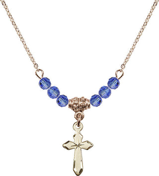 18" Hamilton Gold Plated Necklace with 4mm Sapphire Crystal Beads featuring a 14kt Gold Filled Cross Medal.