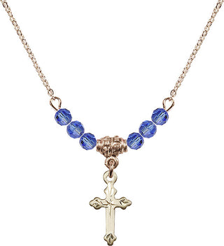 18" Hamilton Gold Plated Necklace with 4mm Sapphire Crystal Beads featuring a 14kt Gold Filled Cross Medal.