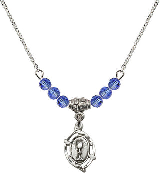 18" Rhodium Plated Necklace with 4mm Sapphire Crystal Beads featuring a Sterling Silver Communion Medal.
